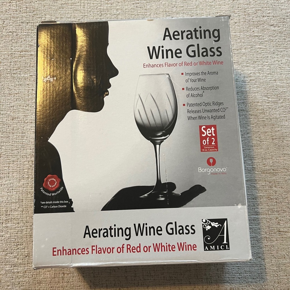 Amici Borgonovo Aerating Wine Glass Set of 2 Made in Italy 18oz Capacity New
